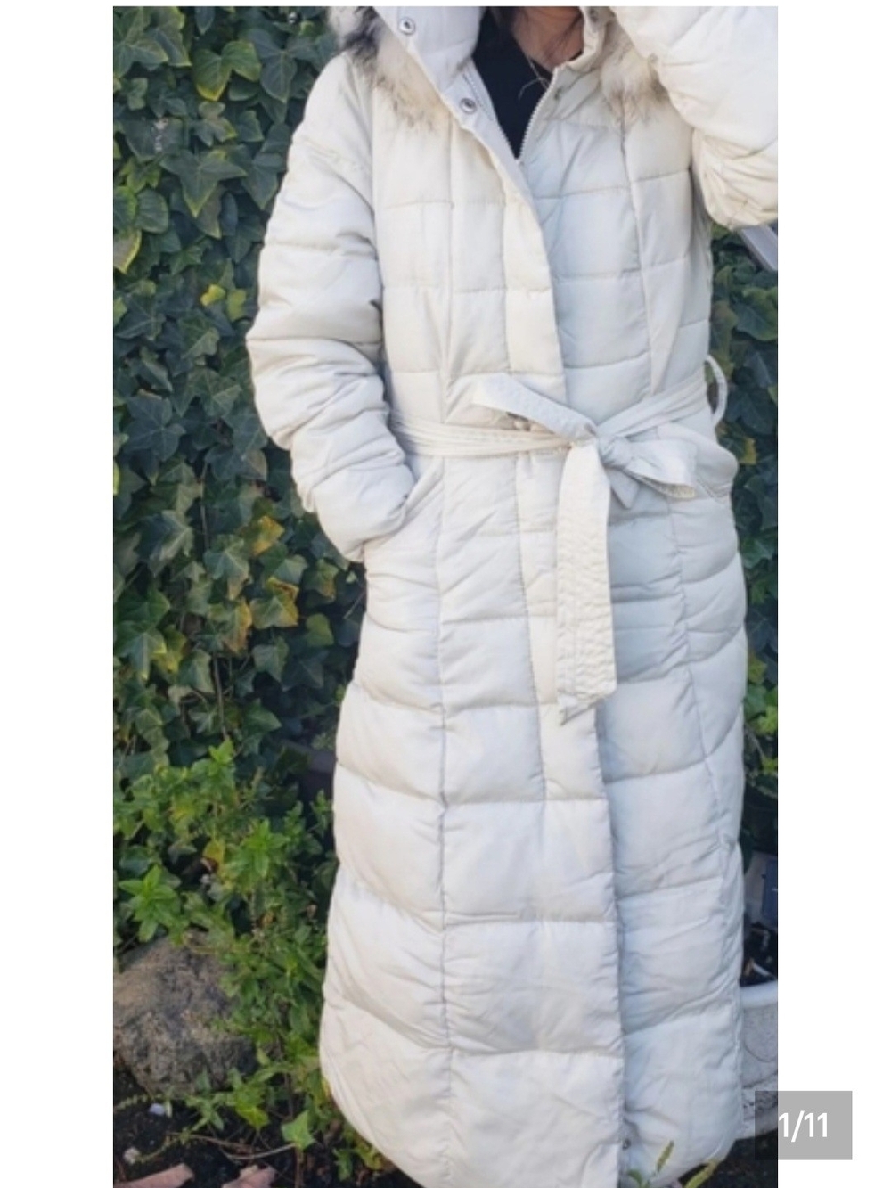 NWOT- Floor Length Small Long Quilted Womens Puffer Coat with Belt -Light Gray